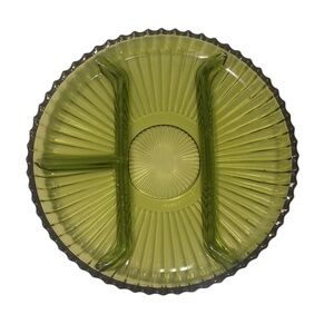 Vintage Olive Green Depression Glass Sunburst Divided‎ Relish Platter